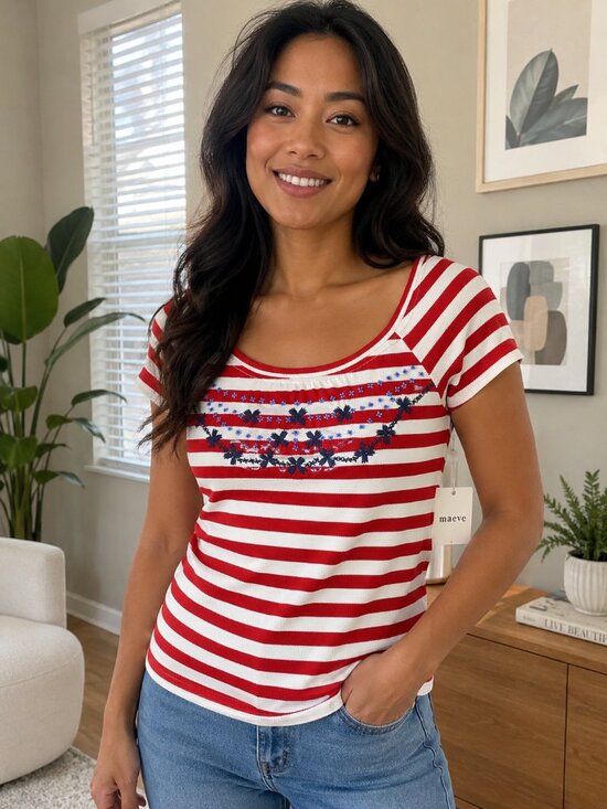 Maeve Tops - Anthropologie Red White Striped Maeve Embroidered Flowers Scoop-Neck Tee Top
